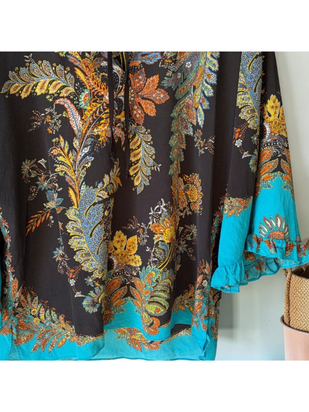 Kobi Halperin Helen Silk Blouse Size L Black Paisley Boho Ruffle Sleeve Tie Neck - Picture 3 of 11